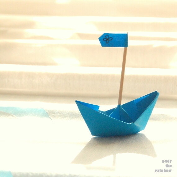 Blue paper boat, origami photograph, blue nursery decor, original wedding gift, set of 2, 5x5 - titled: In Love - OverTheRainbowPrints