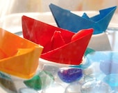 Baby boy nursery decor, origami, paper boats, red, blue, yellow, 5x5 - titled: Three