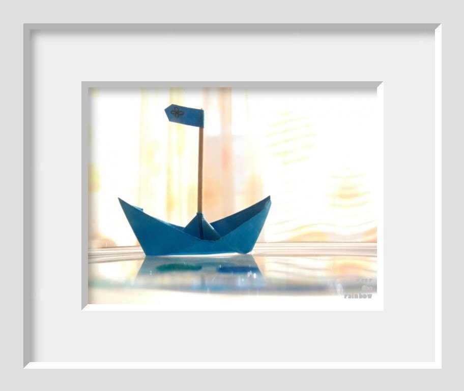 Blue nursery decor, paper boat, still life photo, origami, 8x6 - titled: Calm Waters