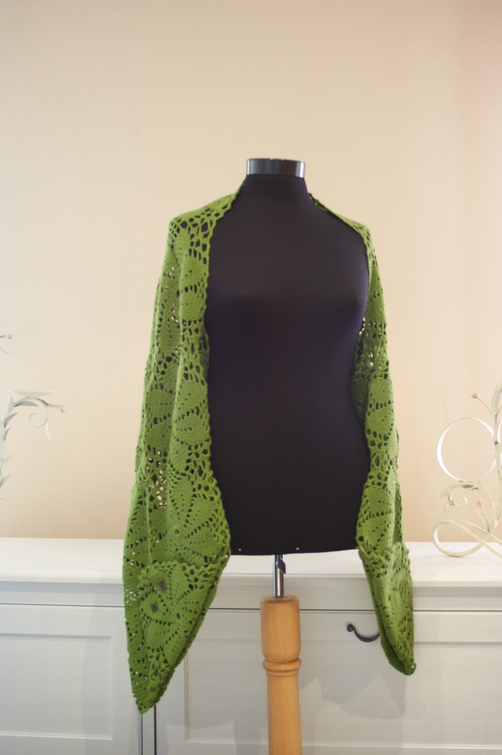 Green Crochet Bolero Shrug With Bell Sleeves/Knitted Top Accessories/High Fashion Women Tops,Shawls