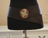Brown Wide Genuine Leather Belt With Artisan Made Mother Of Pearl Inlaid Buckle/Handmade Women Accessories