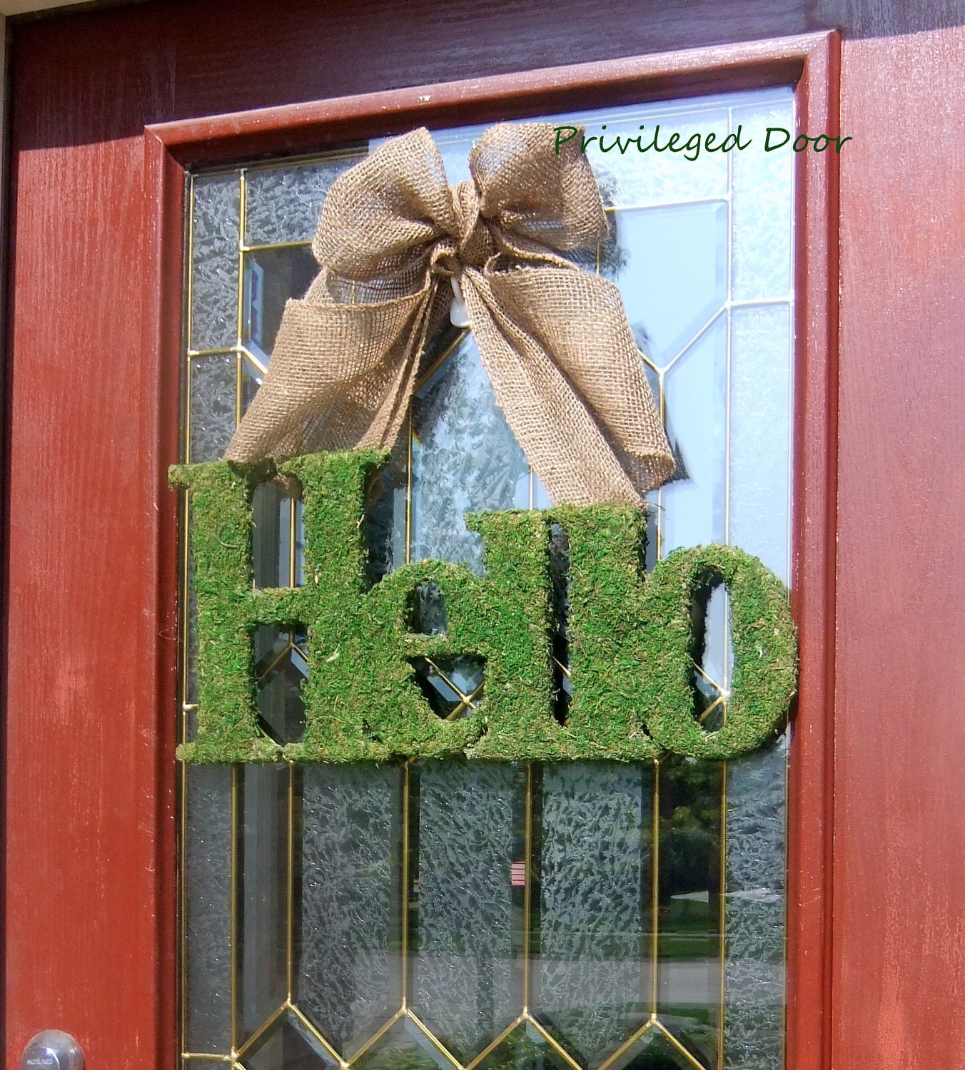 Summer Wreath.  Moss Letter Wreath.  Welcome Sign.  HELLO wreath with Rustic Burlap Bow.