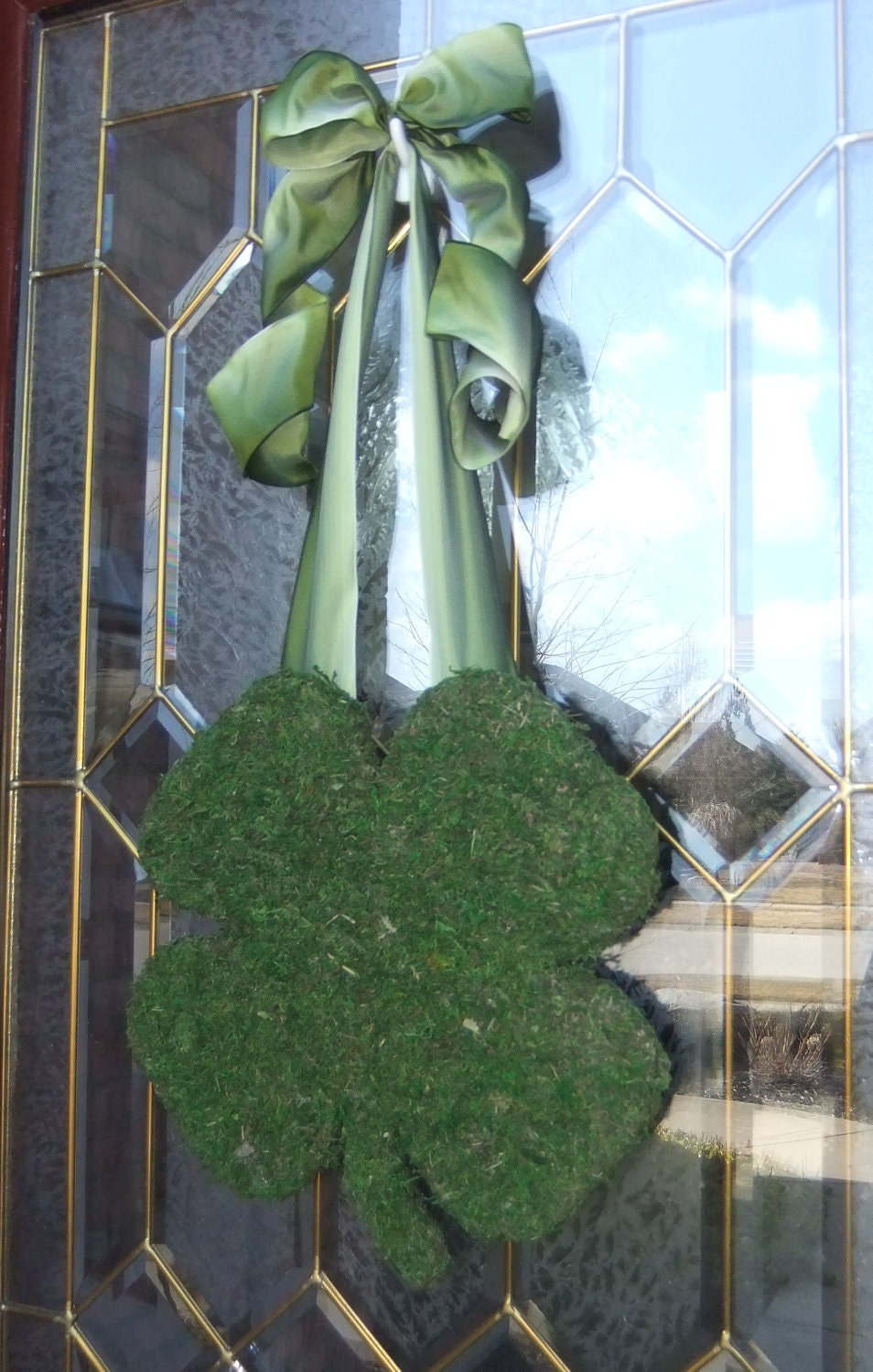 St. Patricks Day Wreath - Moss Shamrock - Moss Covered Wood Shamrock with Multi Color Green Wired Bow.