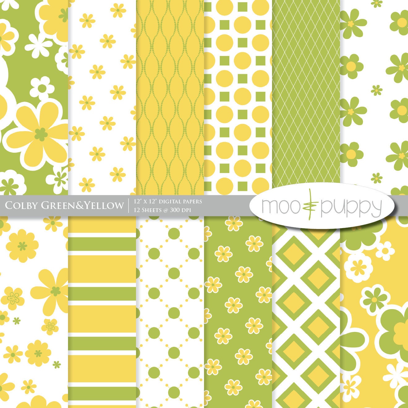 Colby Green&Yellow - Digital Scrapbook Paper Pack  -- INSTANT DOWNLOAD