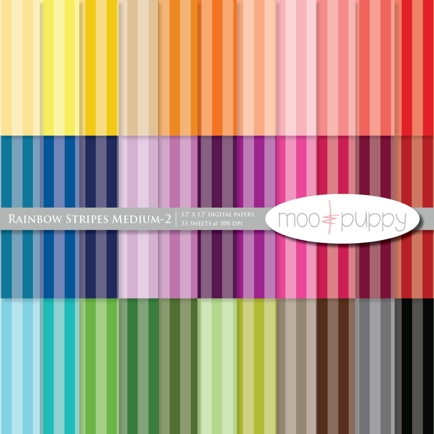 Two-toned Digital Scrapbook Paper Pack  --  Rainbow  Stripes Medium-2 -- INSTANT DOWNLOAD