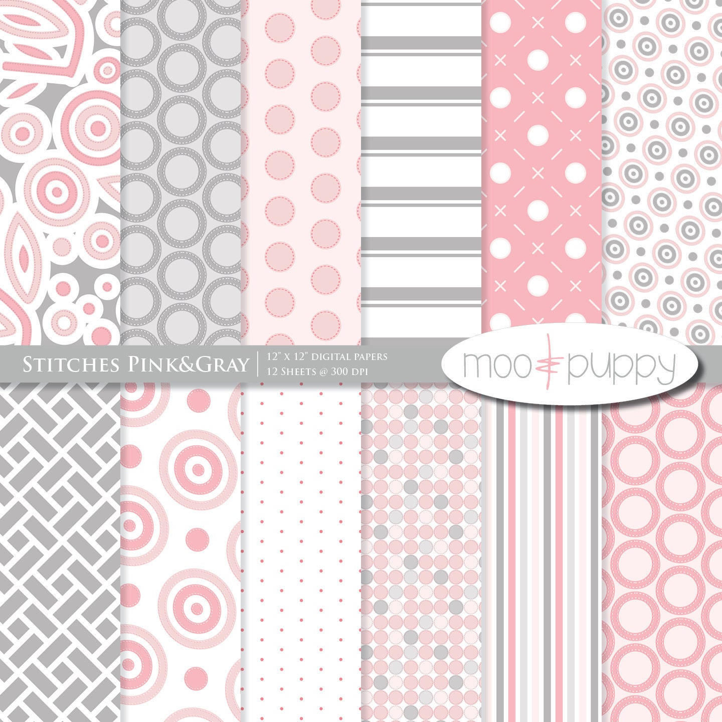 Digital Scrapbook Paper  -  Stitches Pink&Gray  -- INSTANT DOWNLOAD