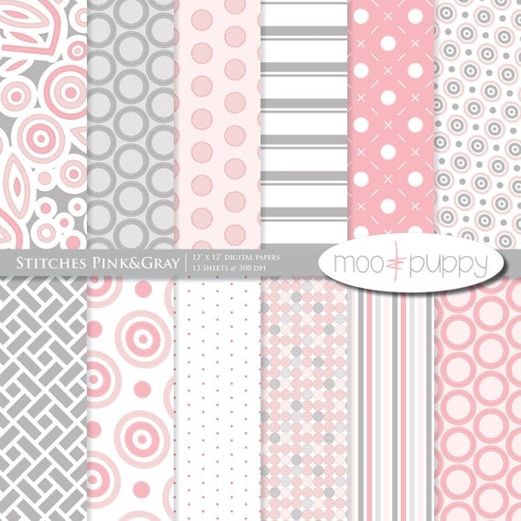 Digital Scrapbook Paper - Stitches Pink&Gray -- INSTANT DOWNLOAD