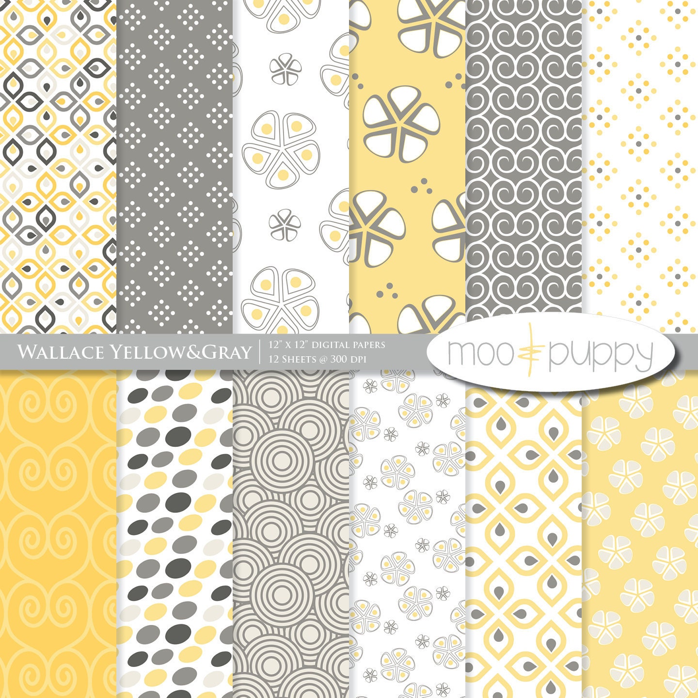 Yellow and Gray Digital Scrapbook Paper Pack -- Wallace Yellow&Gray -- INSTANT DOWNLOAD