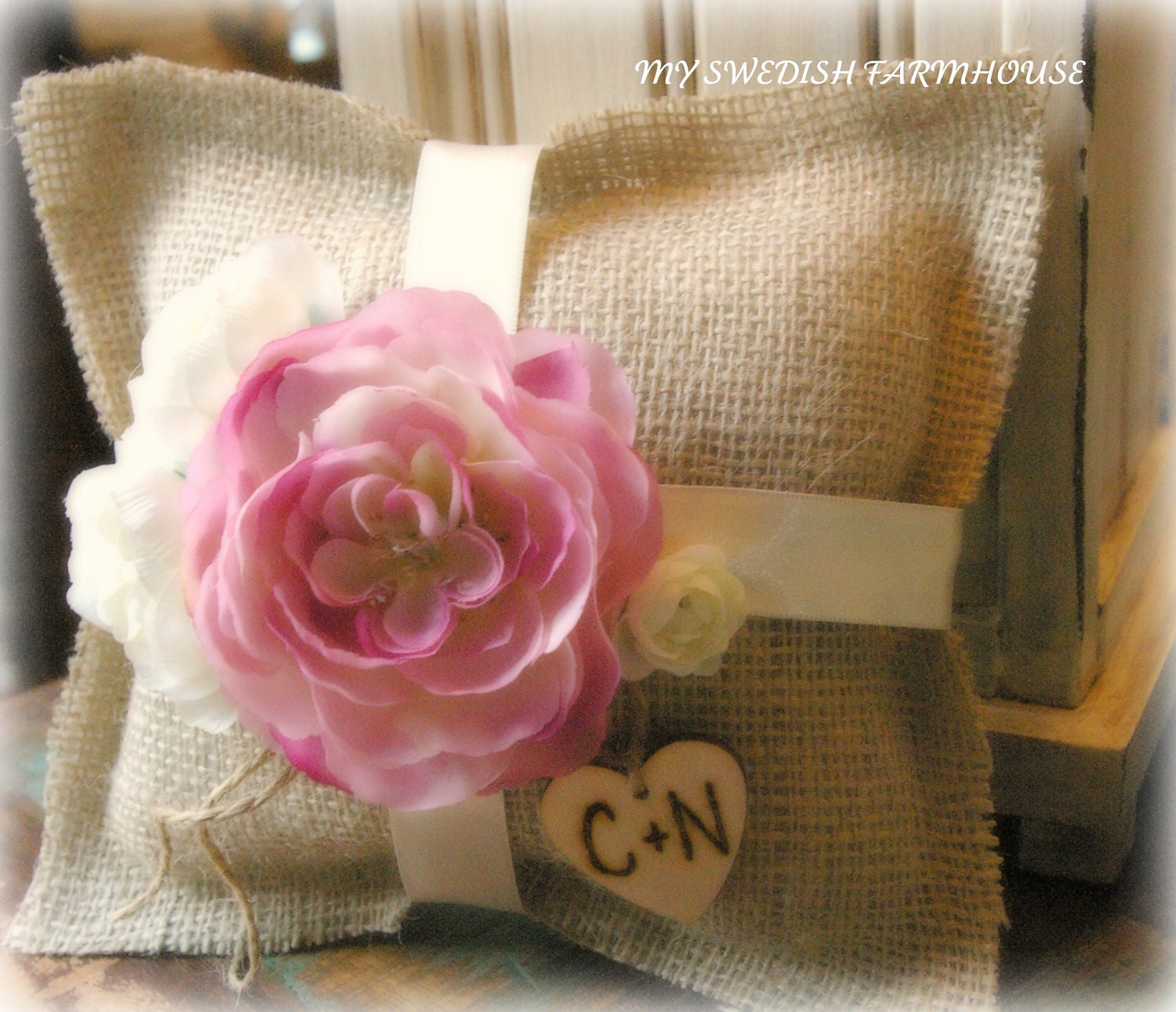 Shabby Chic Ring Bearer Pillow Rustic Wedding Decor Personalized Wood Heart Custom (Your Color Choice of Ribbon and Flower)