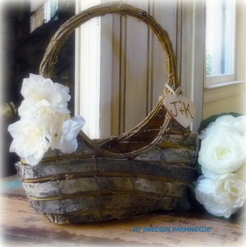 Flower Girl Basket Birch Bark Rustic Woodland Wedding Personalized YOUR CHOICE of FLoWeR
