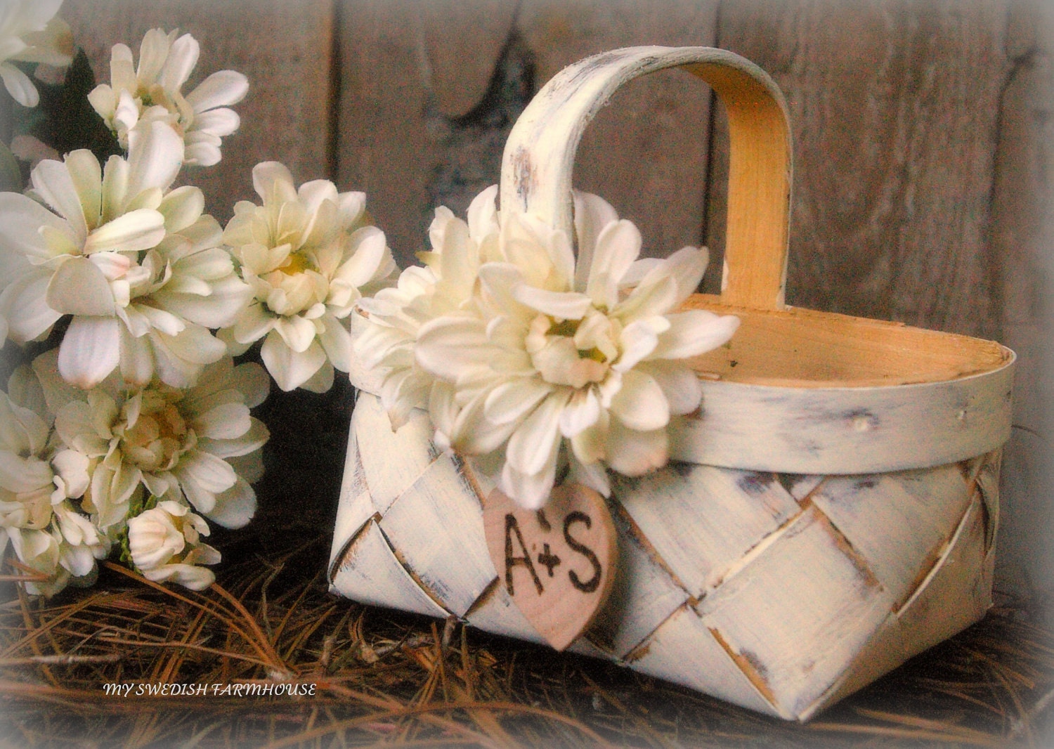 Flower Girl Basket Rustic Wedding Decor Your Choice of Color and Flower
