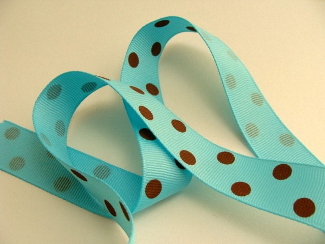 Grosgrain Ribbon - 5 yds 7/8" - Turquoise with Brown Dots