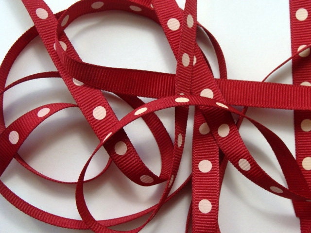 5 yds 3/8" Grosgrain Ribbon - Cranberry with Ivory Dots