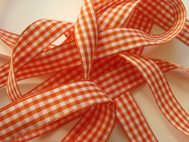 5 yds of 7/8" Gingham Ribbon - Orange and White