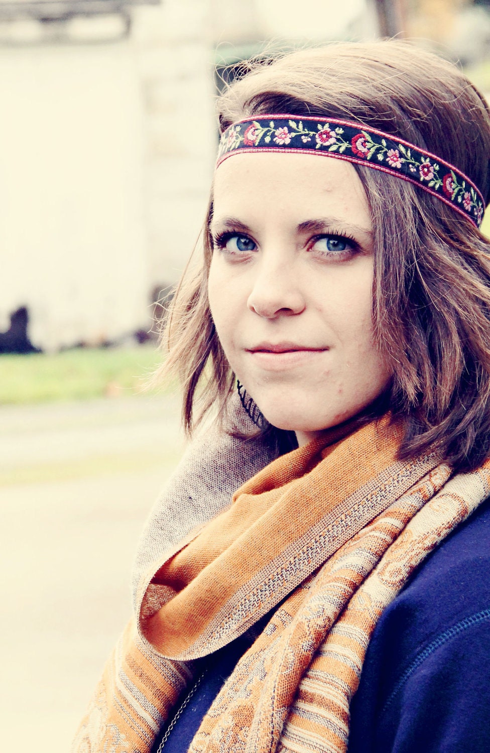 The Rosy Posy Boho, Bohemian Headband, Indie, elastic closure, Feminine Print