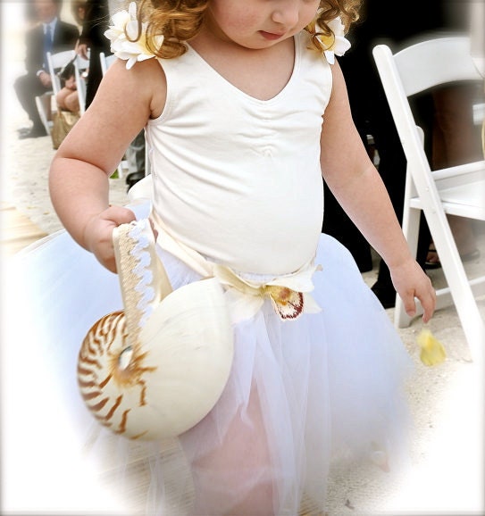 Beach Wedding Nautilus Shell Alternative Flower Girl Basket w/ Custom Ribbon Handle
