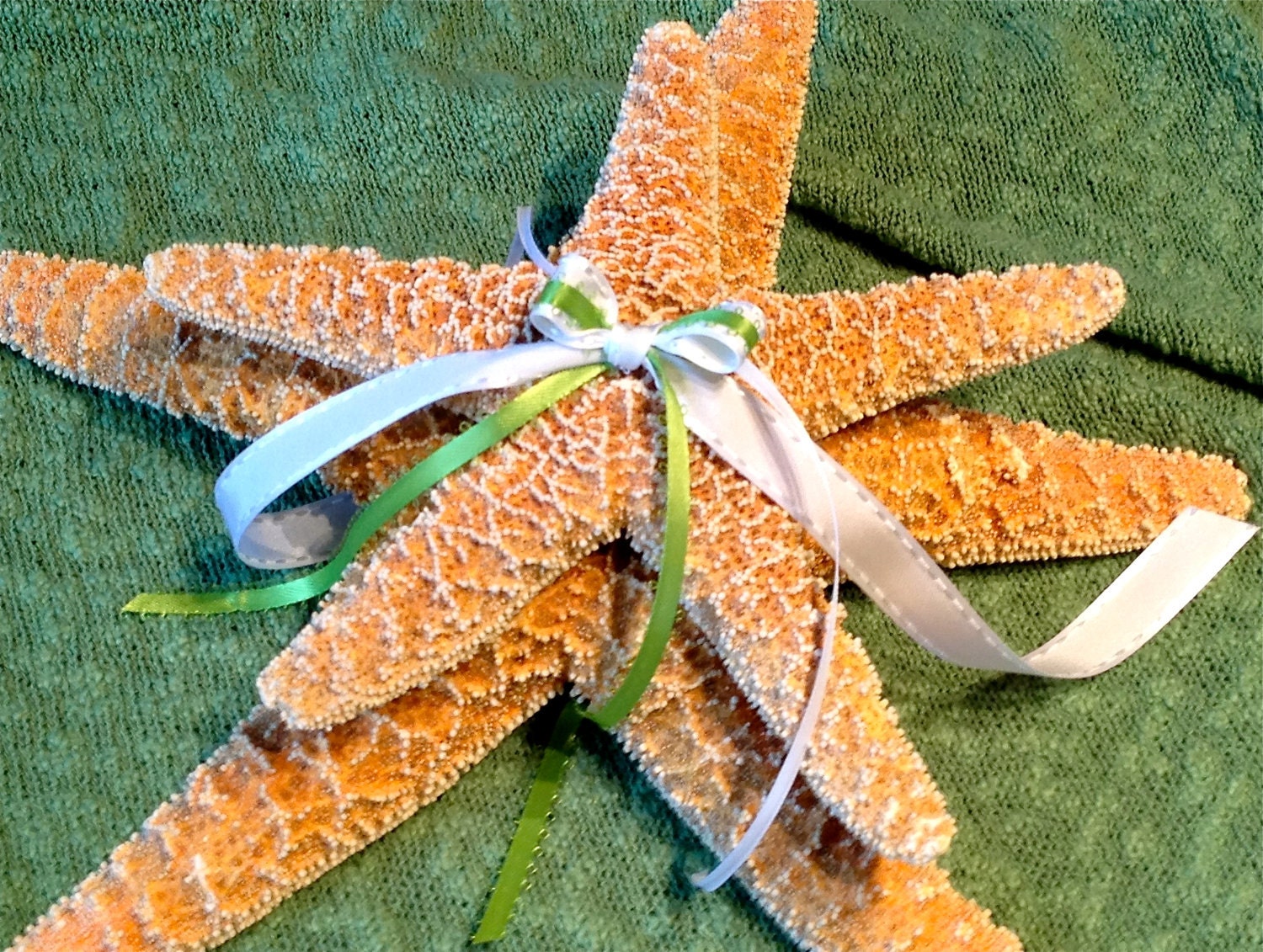 Beach Wedding Starfish Ring Bearer Pillow Alternative w/ Green & White Ribbon or Custom Color(s) - Destination Eco Green Wedding
