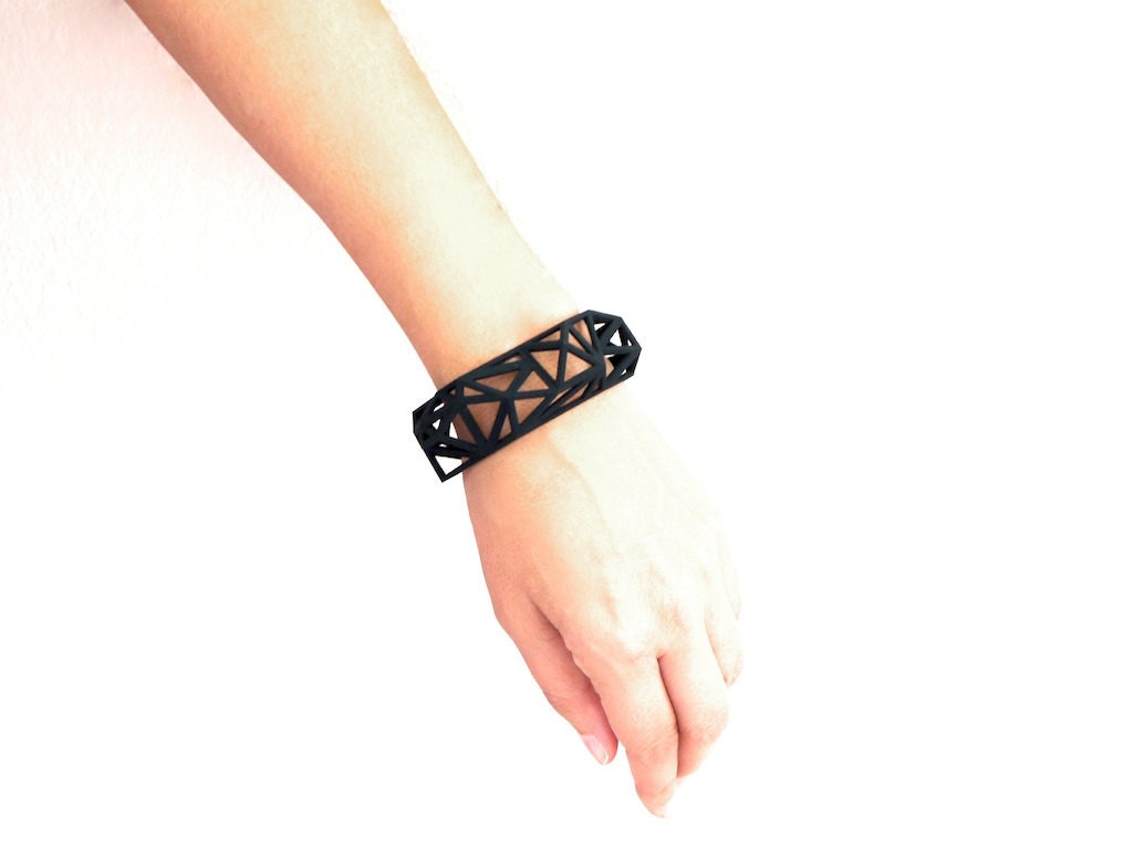 Triangulated Cuff bracelet in Black. 3d printed. modern statement jewelry. black geometric jewelry