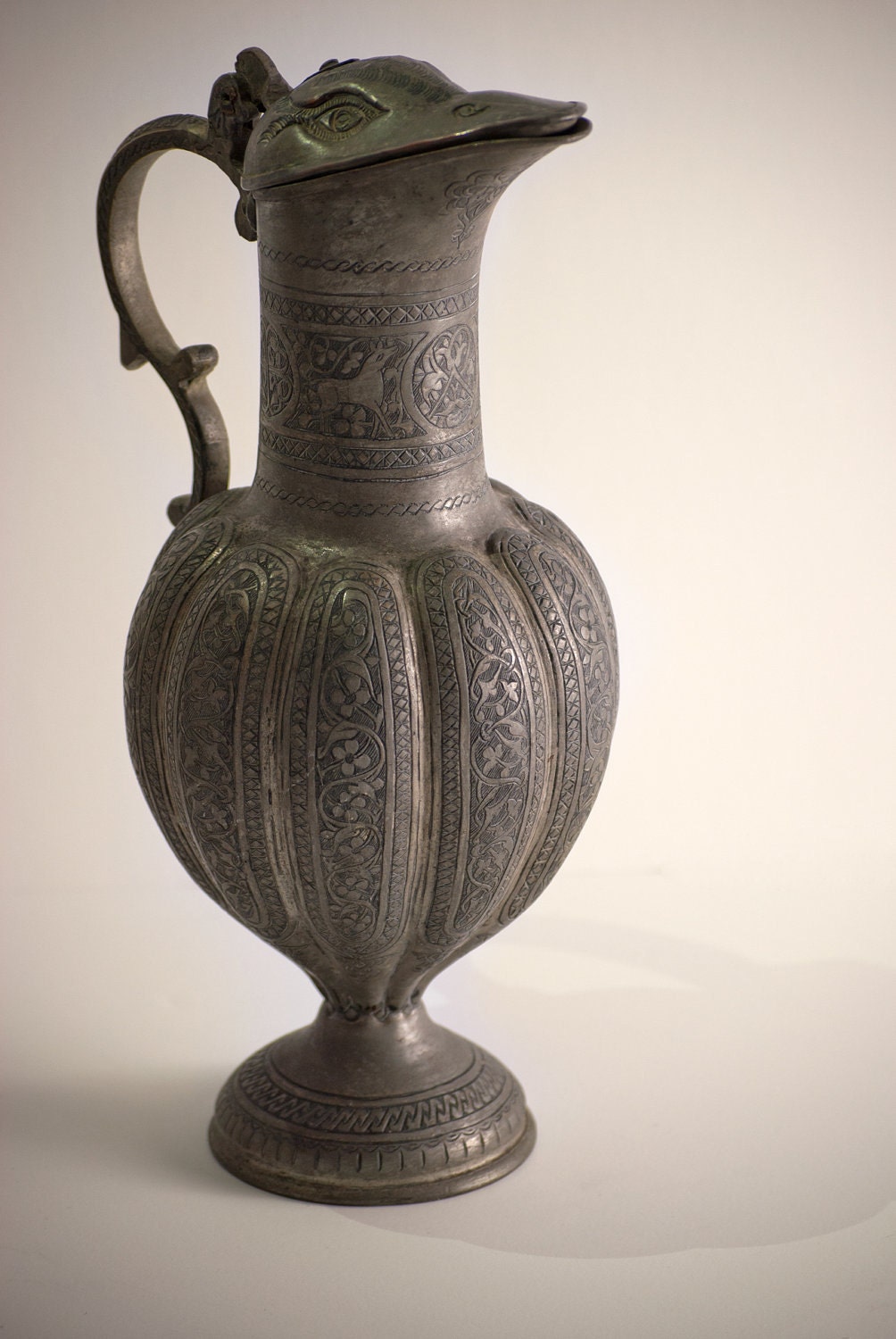 Antique Engraved Pewter Pitcher with Duck Head Lid