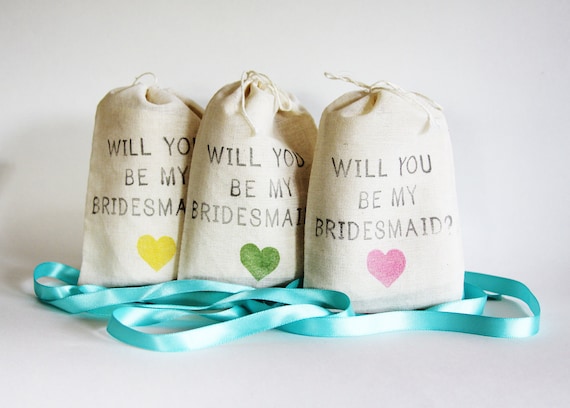 Will You Be My Bridesmaid muslin jewelry bags, rustic diy wedding