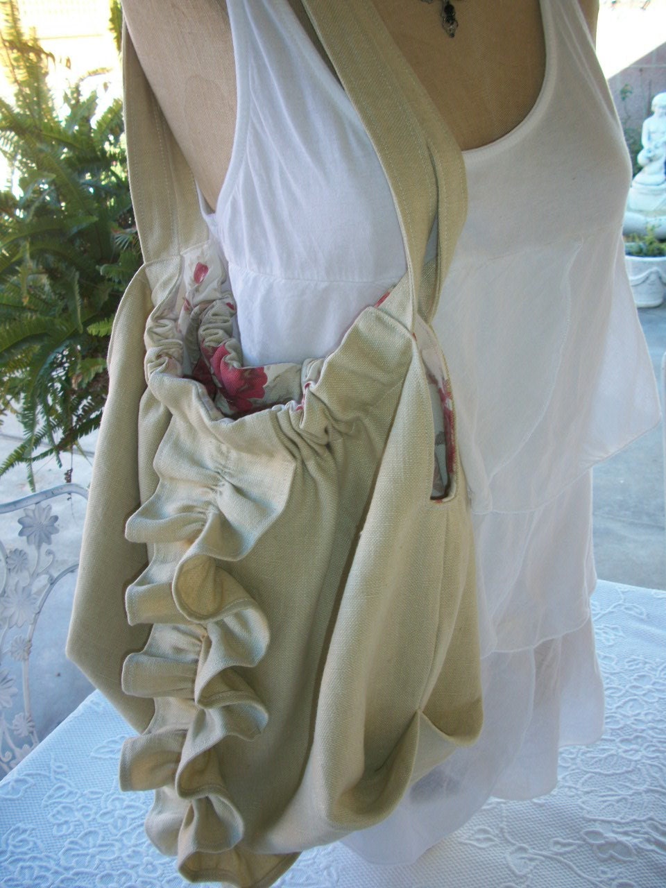 SALE Urban Chic Large Ruffled Bag In Green Linen Free Shipping