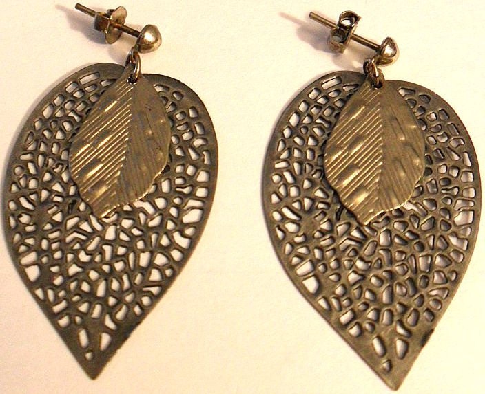 Antiqued Silver Double Leaf Earrings
