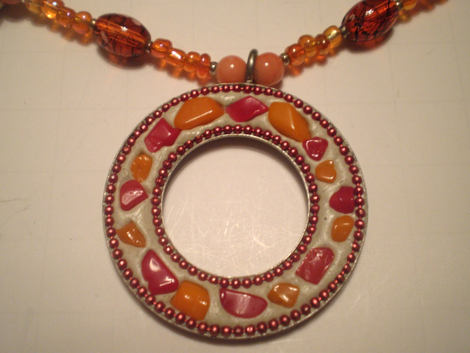 Necklace Burnt Orange and Silver Glass featuring Large Round Medallion