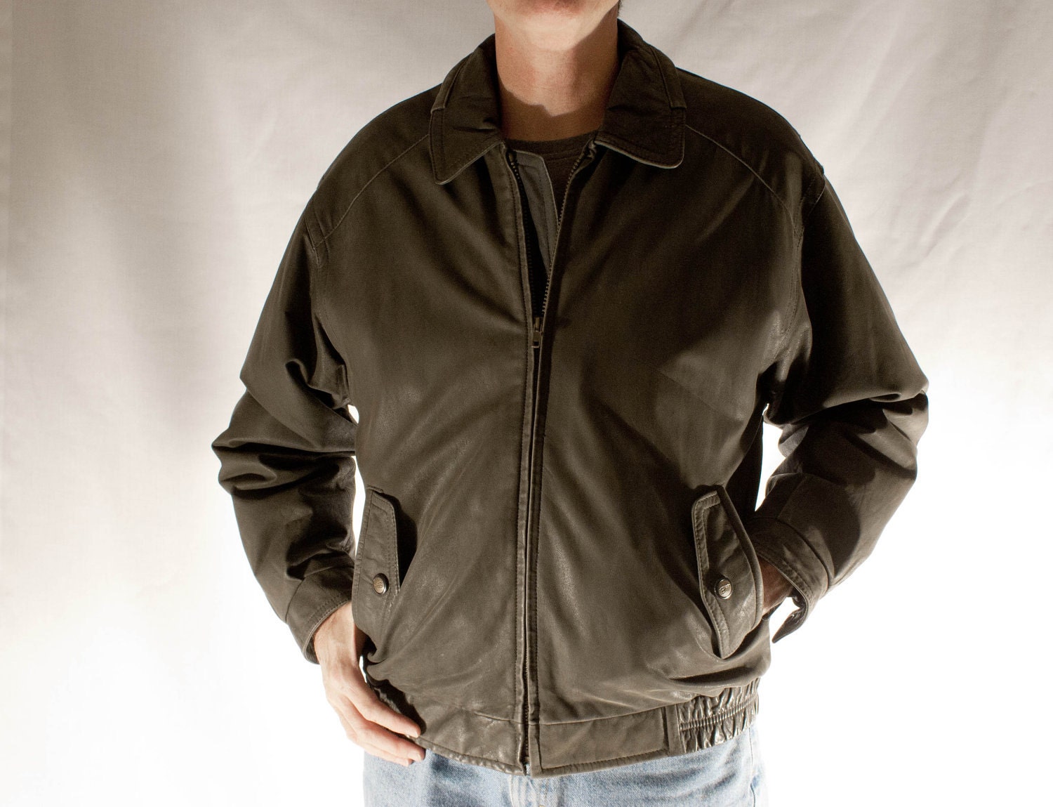 Mens Charcoal Grey Leather Bomber Jacket by London Fog by omNoms