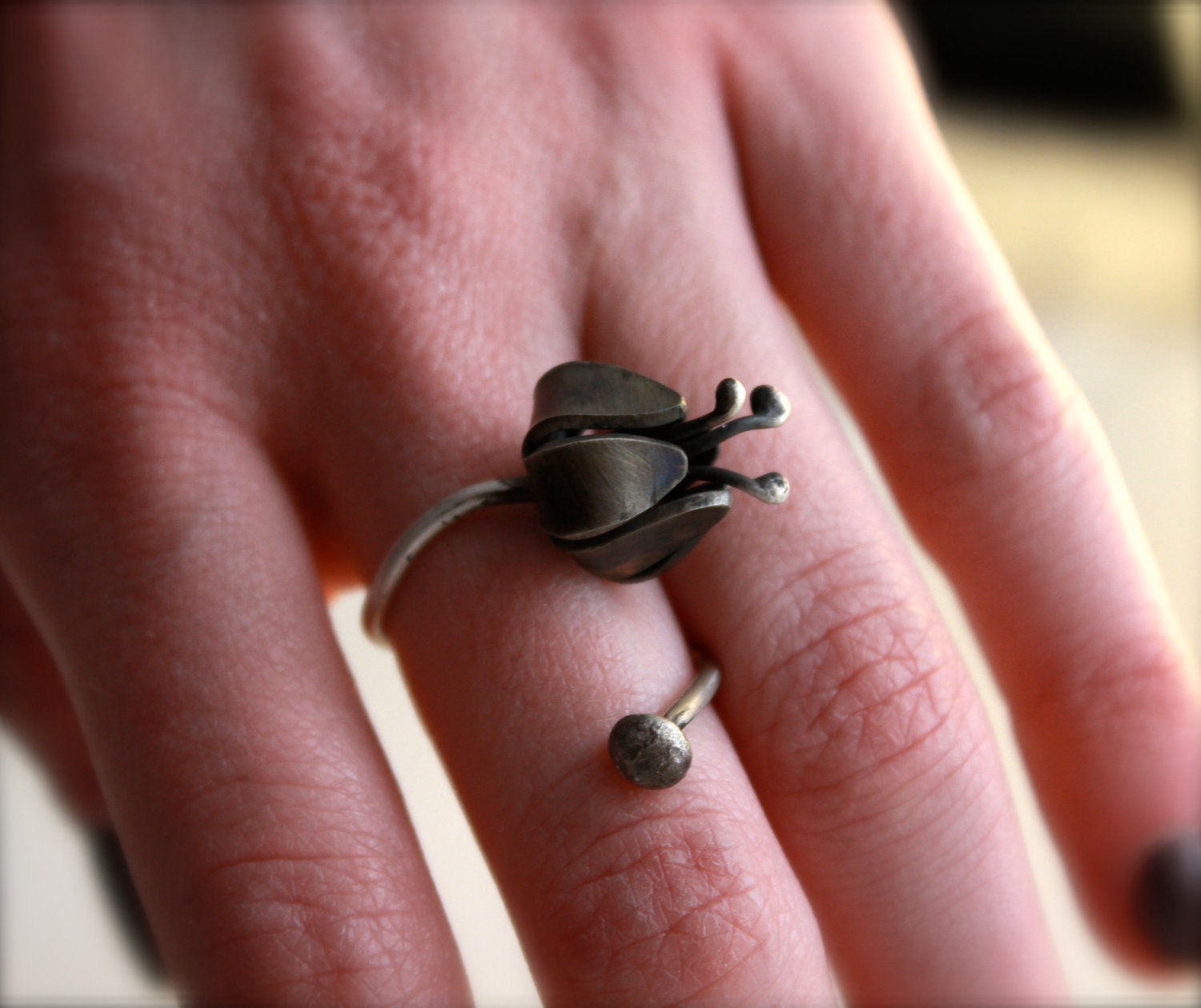 Black Tulip Sterling Silver Wrap Ring- Dark Romantic-Oxidized-Chic-Elegant-Feminine-Adjustable-Fairy-Unique-Quirky
