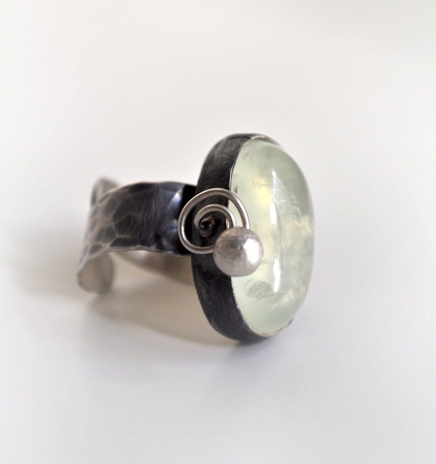 OOAK Prehnite Sterling Silver Band Ring with Spiral Detail-Light Yellow-Green-Hammered-Partly Oxidized-Adjustable-Size 6.5