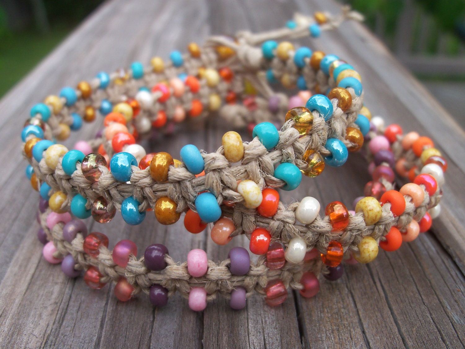 Beaded Hemp Bracelet, choice of three colors, blue, pink OR orange