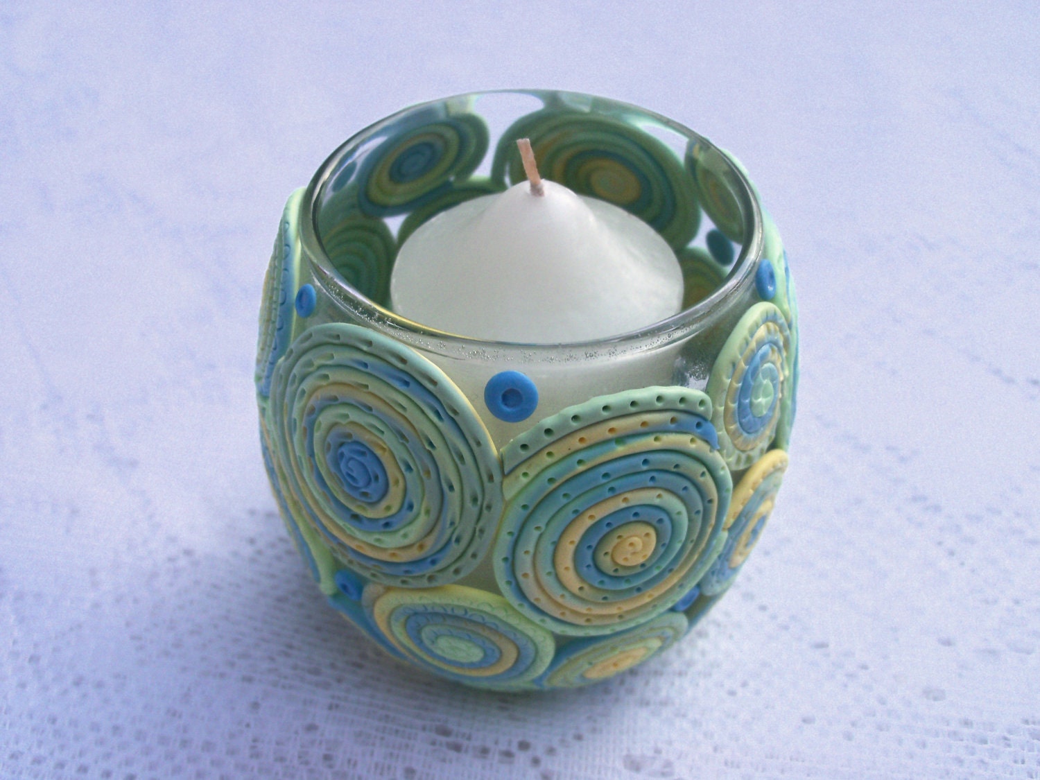 Candle Holder, Polymer Clay Decorated Votive Holder - Summery Pastels