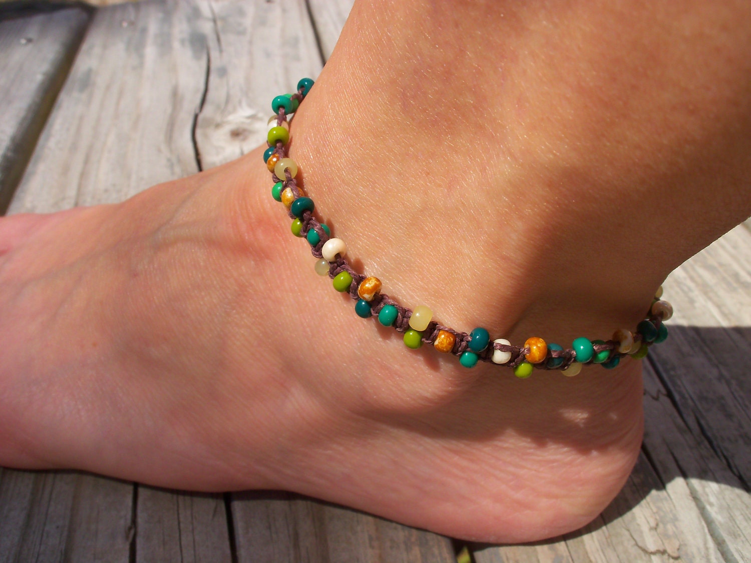 Hemp and Bead Anklet/Bracelet, earth tones, green and brown, 9 inch