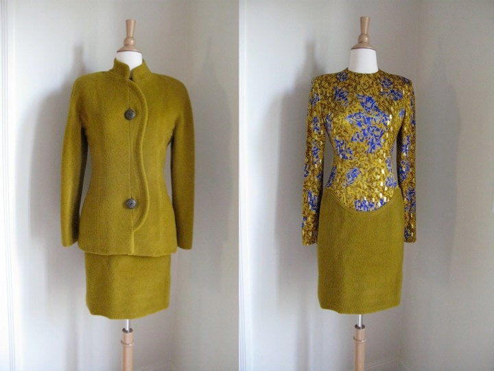 Vintage 1980s Galanos Abstract Print Silk with Gold Metallic and Wool Dress and Jacket Suit Set