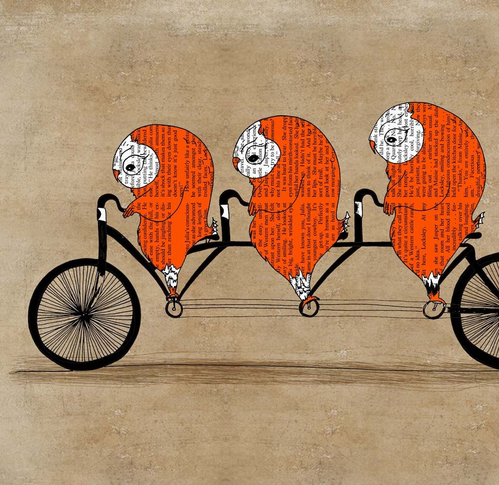 Owl bicycle art print large poster illustration 13x19