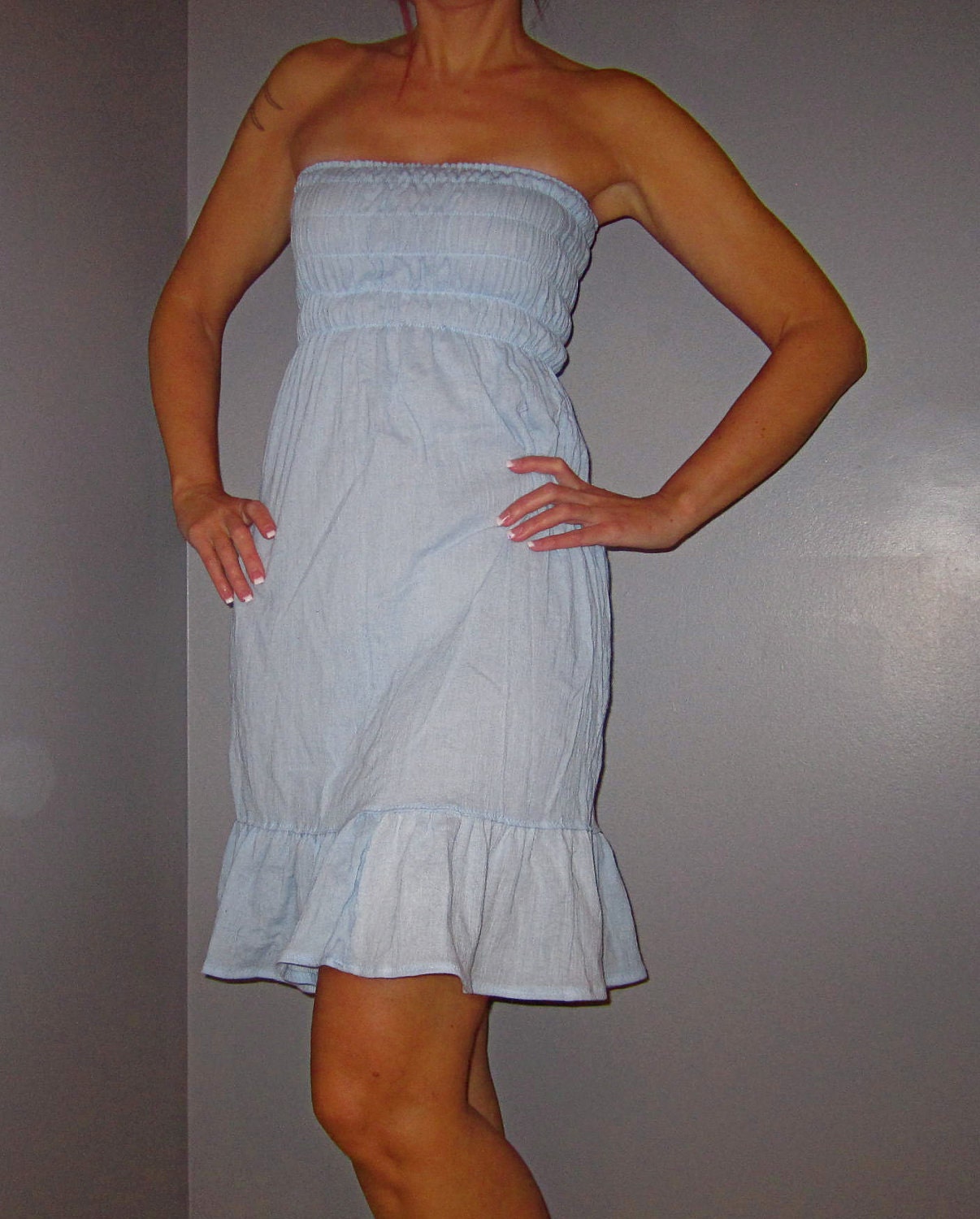 powder blue gauze strapless dress