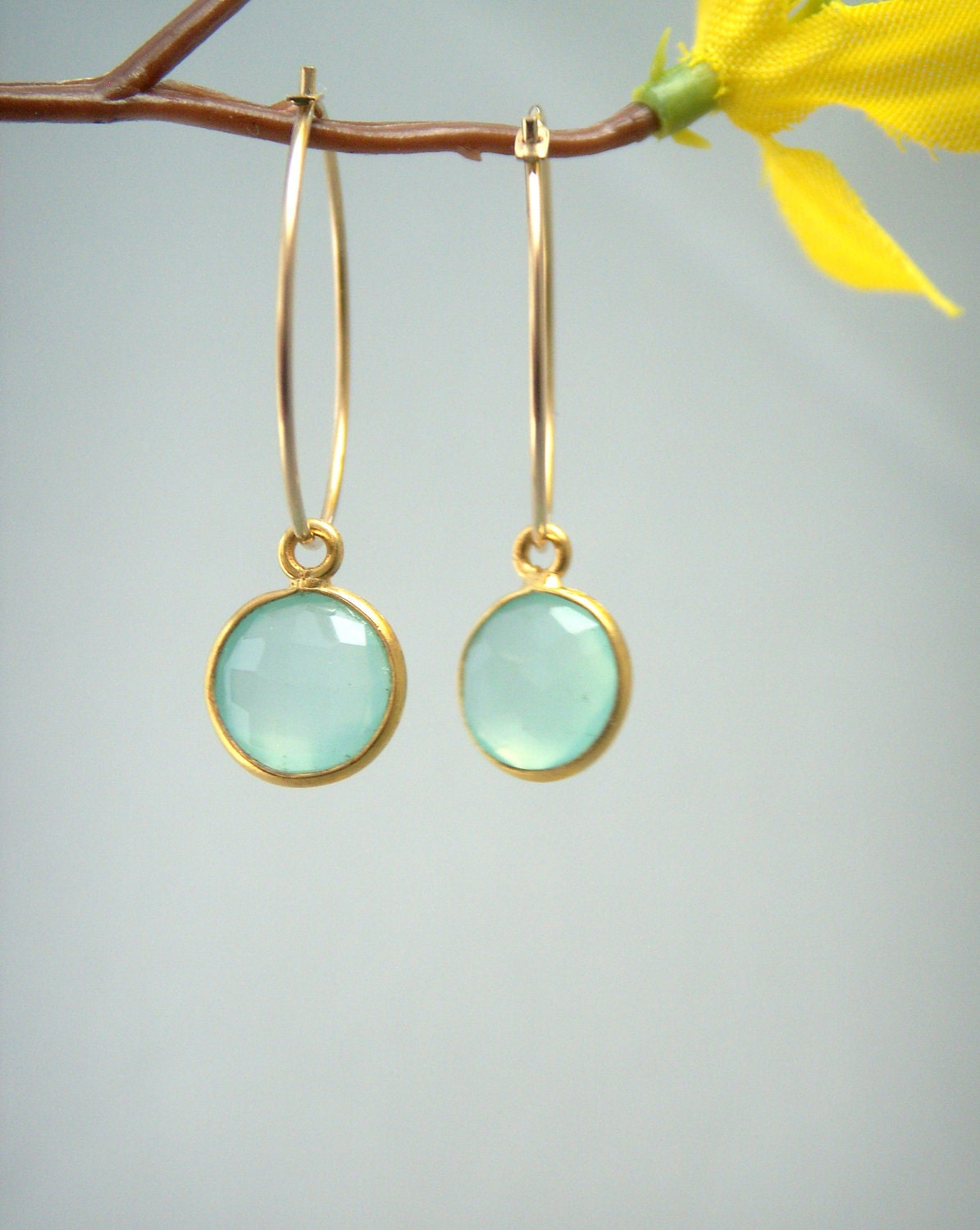 Hoop Earrings with Petite Aqua Blue Chalcedony Bezel Gemstone, Chalcedony Drop Earrings