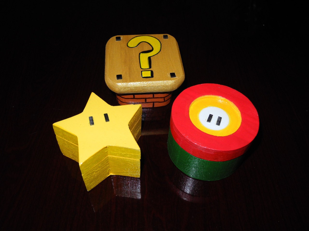 Super Mario Bros Fire Flower, Star man, Brick block wooden trinket boxes
