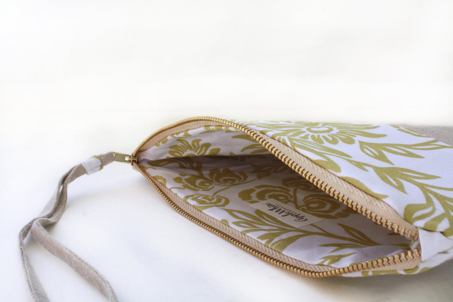 Large Natural Linen and Green Floral Cotton Print, Zipper, Wristlet, Clutch, Handbag, Purse, Strap-READY TO SHIP