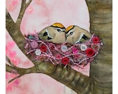 Bird Nest no. 16 Golden Crowned Kinglet Watercolor and Found Object Art Print
