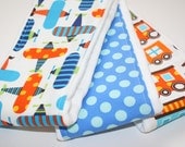 Baby Burp Cloths - Set of 3- 100% Organic Cotton Fabric- Ready, Set, Go Airplanes and Trains