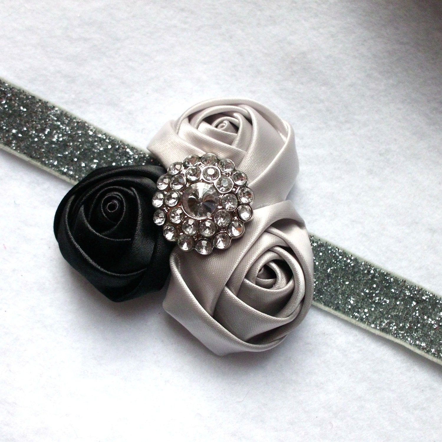 baby girls headband satin rosettes trio silver black glitter elastic