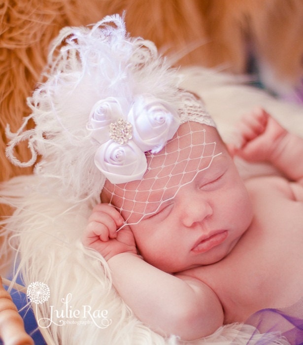 baby girls headband all white flowers satin rolled rosette trio curly ostrich feathers birdcage veil