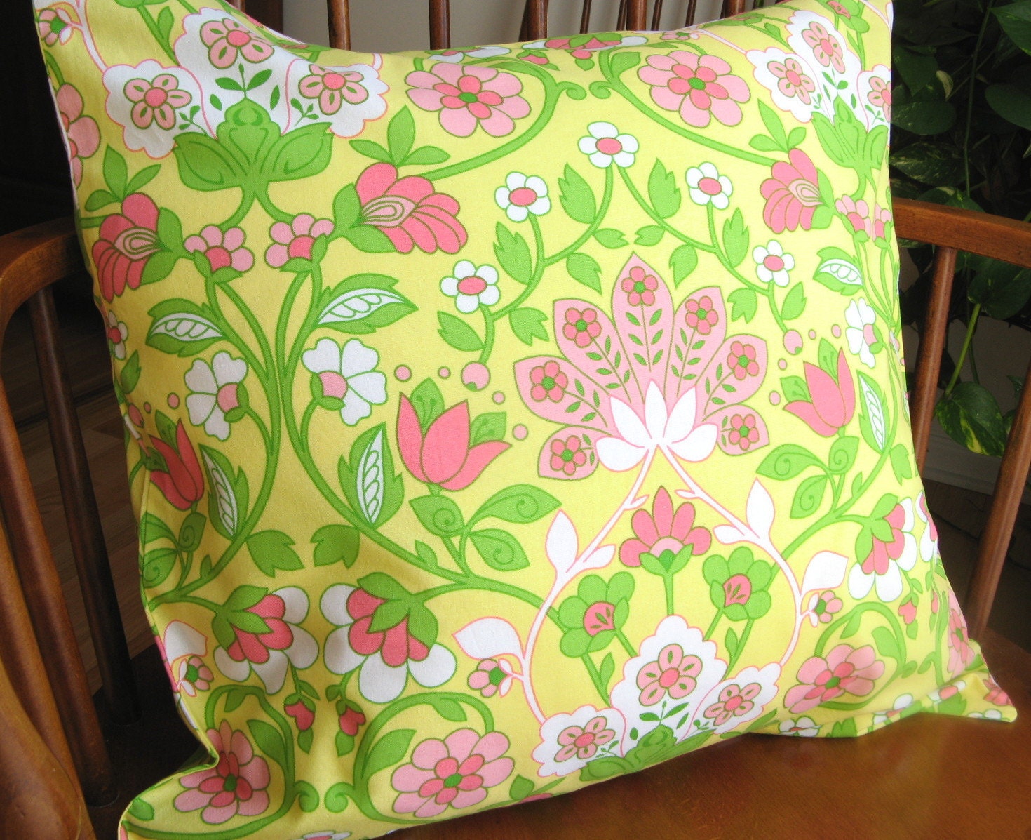 Floral Pillow Cover, Pink and Green Cotton Slipcover, Washable, 18 Inch
