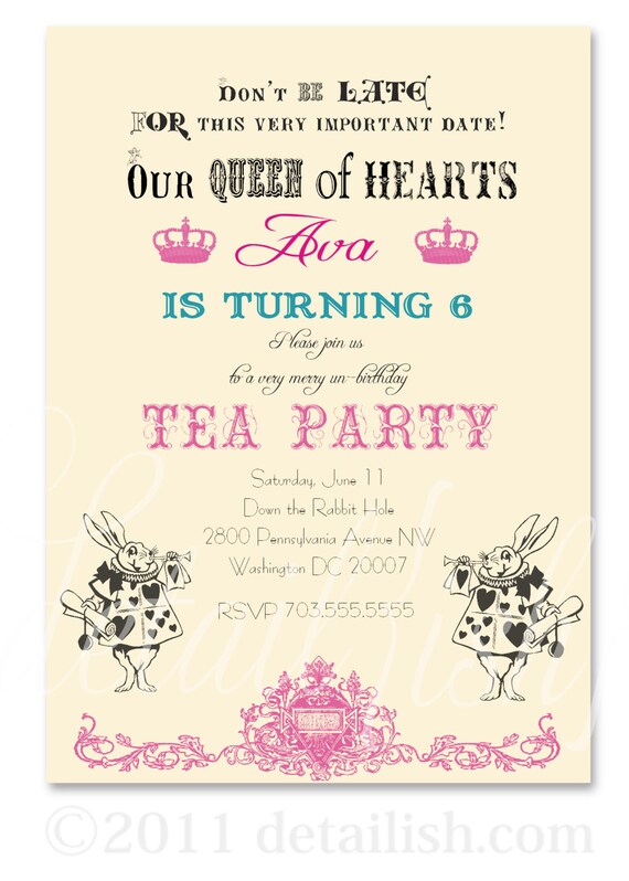 Alice in Wonderland White Rabbit Mad Hatter Inspired Tea Party Birthday Invitation - Printable Uprint 305 Il_570xn