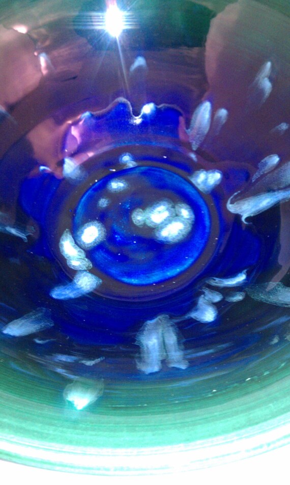 Large electic blue and emerald green bowl with glaze crystals