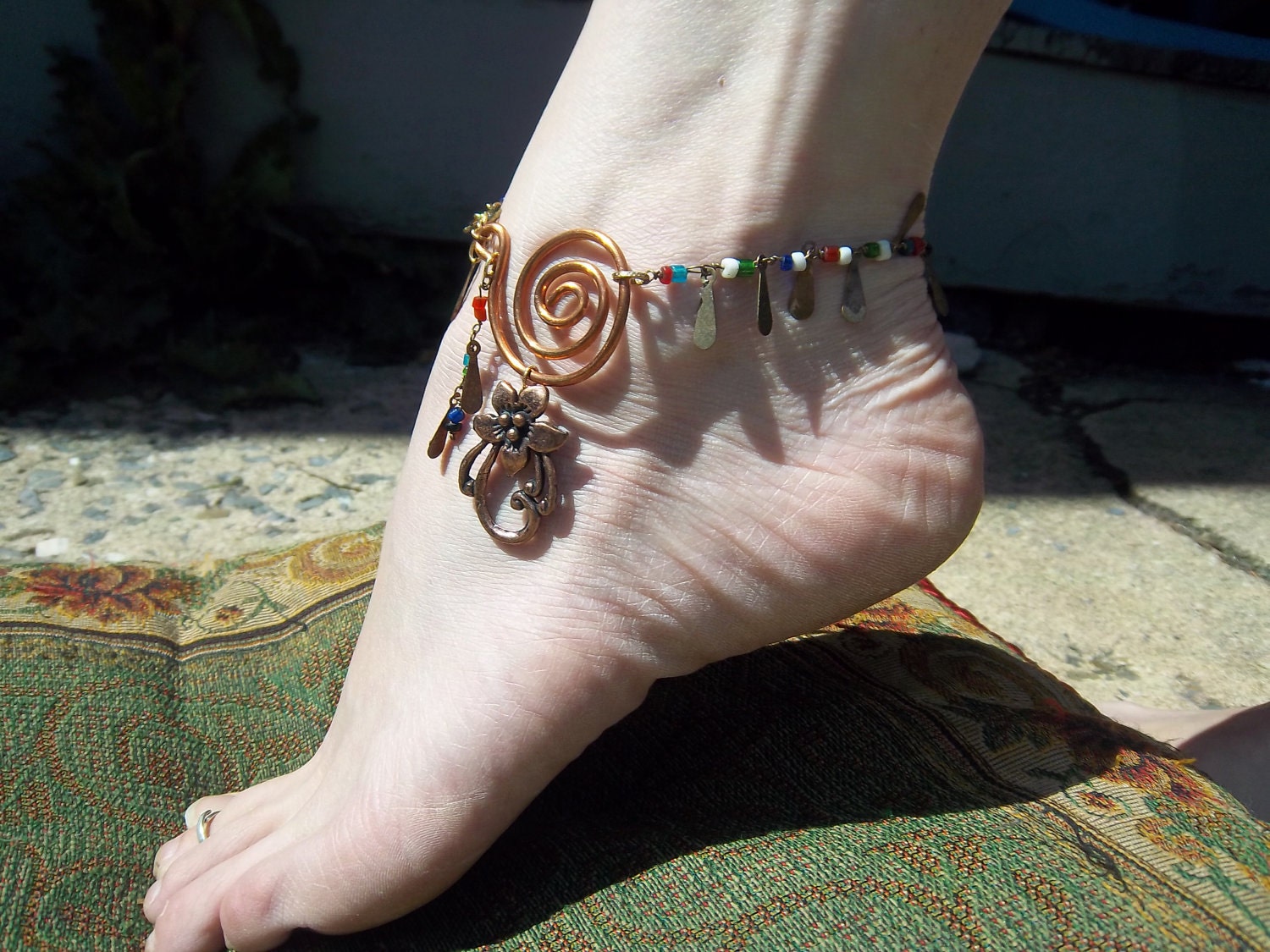 Copper Spiral Flower Anklet with Dangling Tear-drops