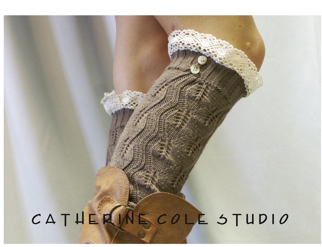 Lace  leg warmers 4 colors  cluny lace 2 tortoise buttons womens leaf knit pattern  great with all boots by Catherine Cole Studio - CatherineColeStudio