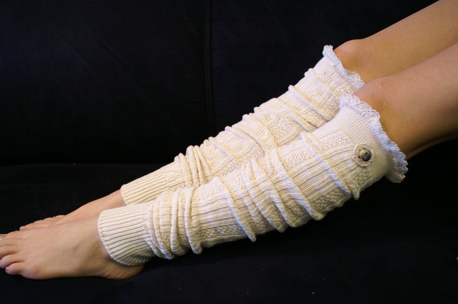 Ivory cotton cable knit lace leg warmers metal button womens Catherine Cole Studio MADE IN USA boot socks knee socks boot toppers