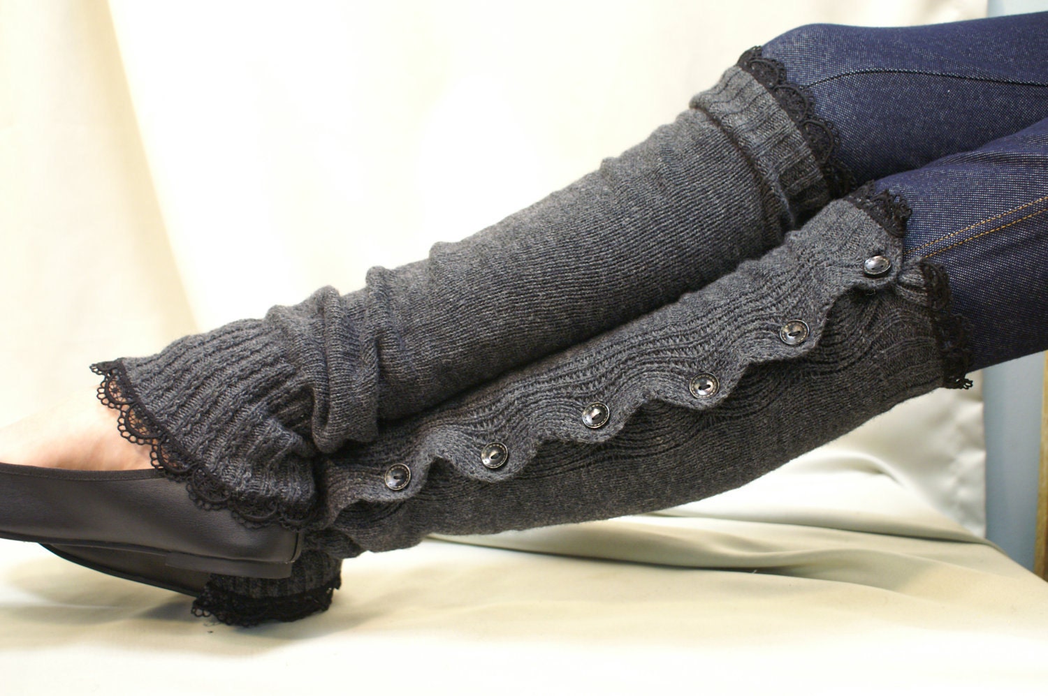 SALE GREY Button down  black lace edged leg warmers women great with or without boots Catherine Cole Studio lace legwarmers